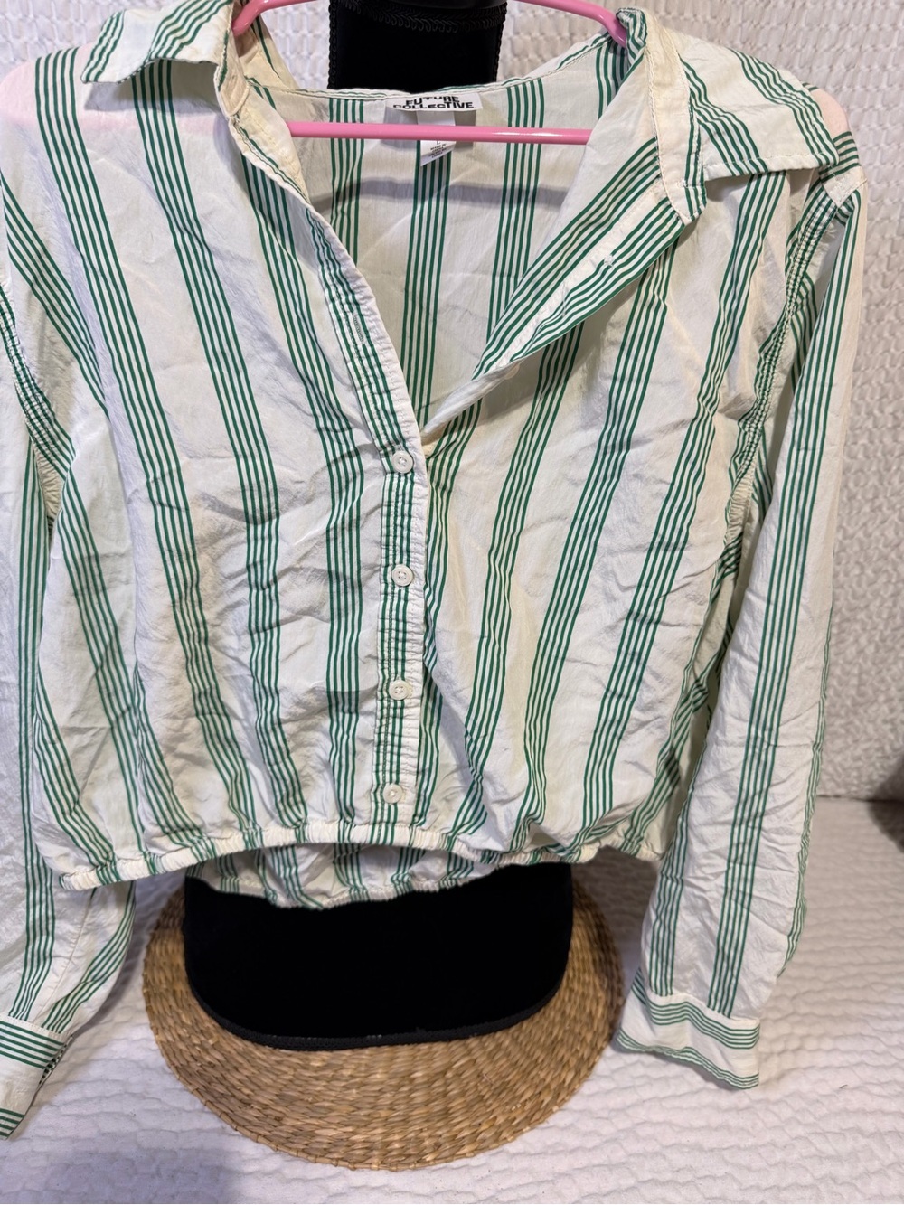 Green Striped Button-Down Crop Shirt - Casual Women's Top
